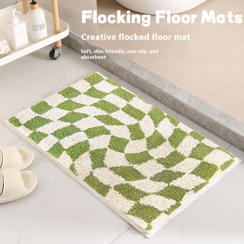 Chessboard Grid Non-slip Absorbent Floor Mat Stain-resistant Flocking