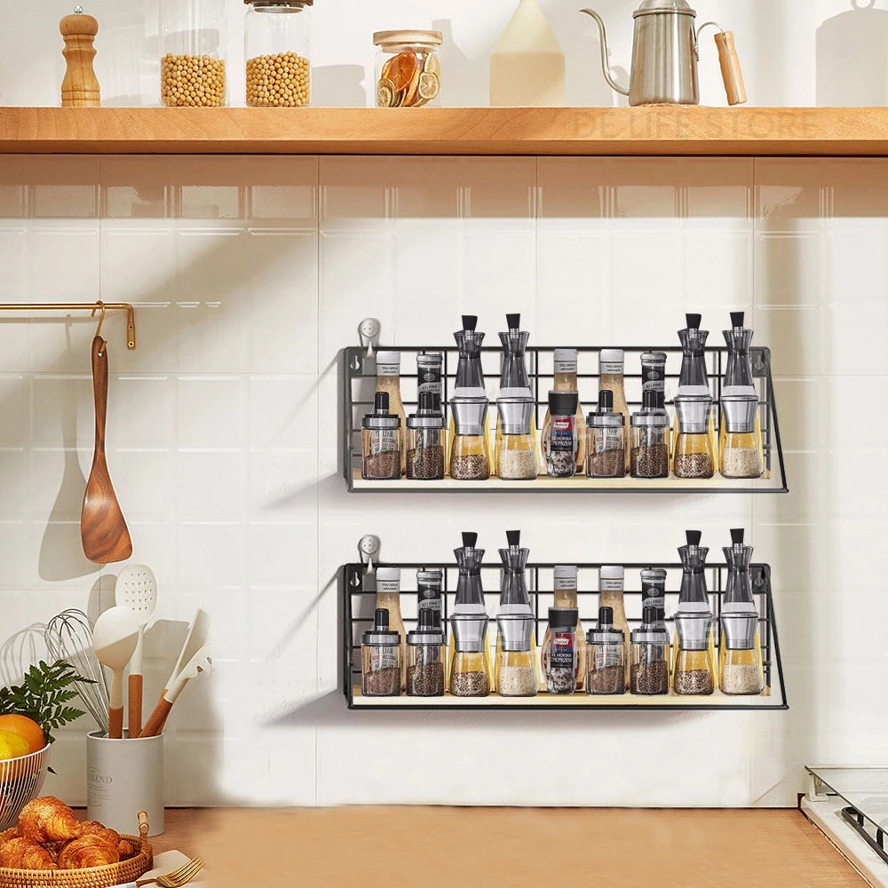 Spice Rack For Kitchen Hanging Wooden Spice Jar Storage Shelf Wall Kitchen Organizer Seasoning Holder Kitchen Accessories