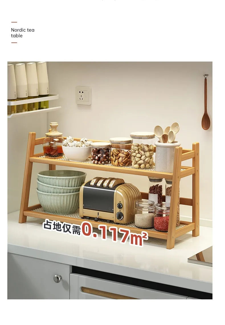 2 Layer Spice Caddy Shelf Bamboo Kitchen Storage Rack Desktop Cabinet Organizer Display Rack Coffee Bar Counter Shelf Cup Holder