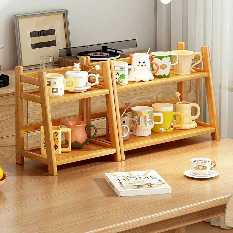 2 Layer Spice Caddy Shelf Bamboo Kitchen Storage Rack Desktop Cabinet Organizer Display Rack Coffee Bar Counter Shelf Cup Holder