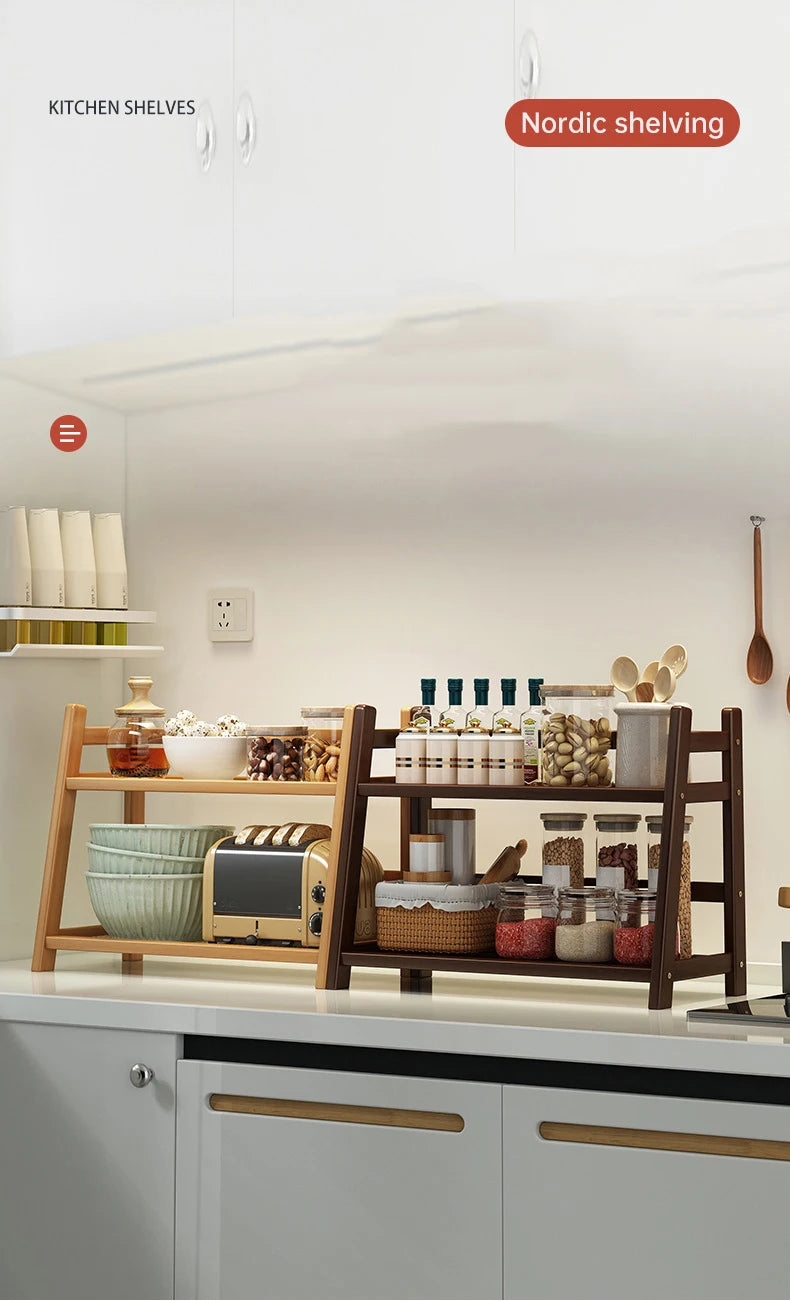 2 Layer Spice Caddy Shelf Bamboo Kitchen Storage Rack Desktop Cabinet Organizer Display Rack Coffee Bar Counter Shelf Cup Holder